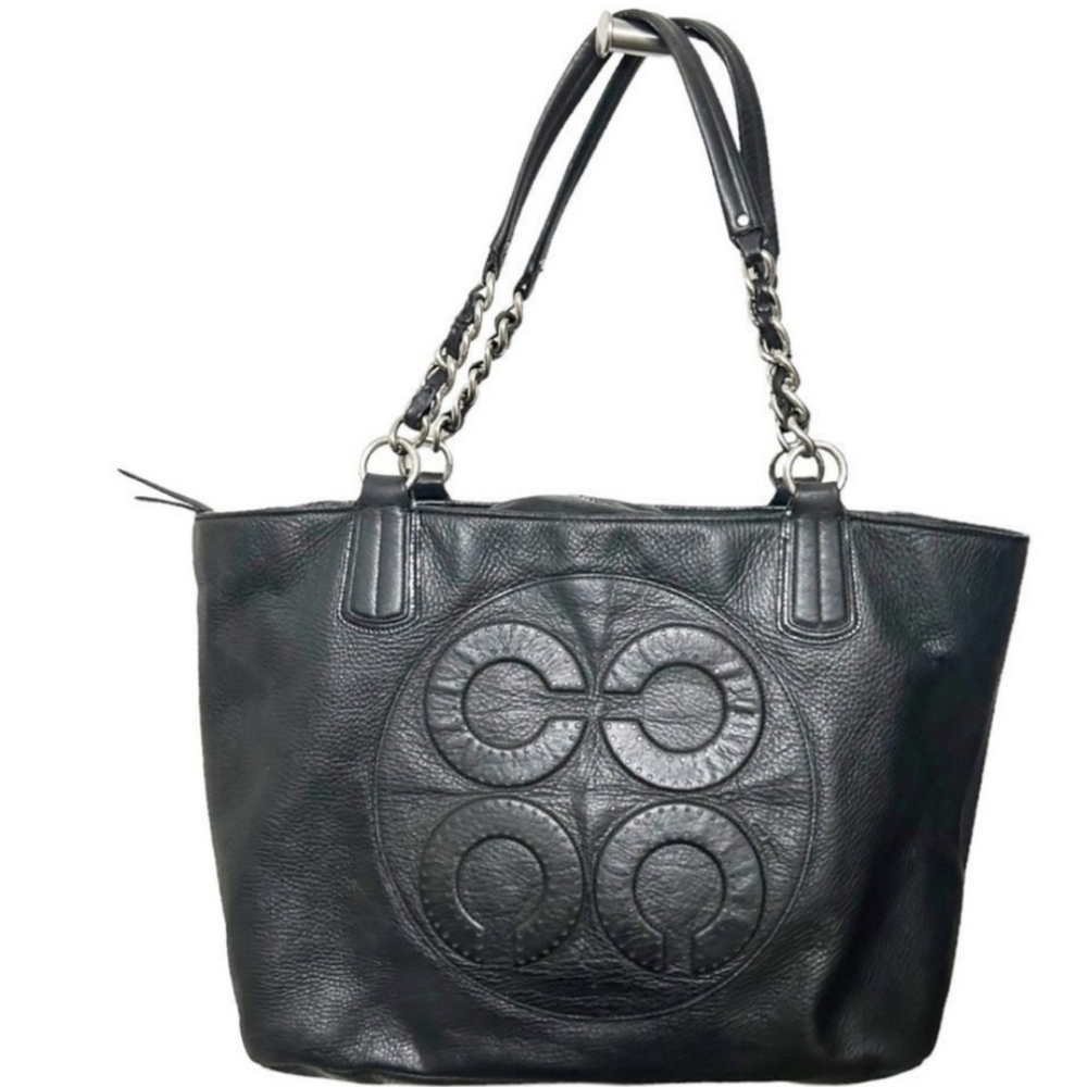 COACH Colette Black Leather Op Art Logo Large Tote Bag Satchel 16485 Signature C